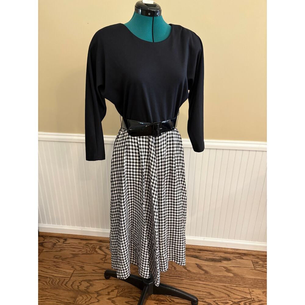 Vintage First Focus Womens 8 Black and White Gingham Long Sleeve Dress w/ Belt‎